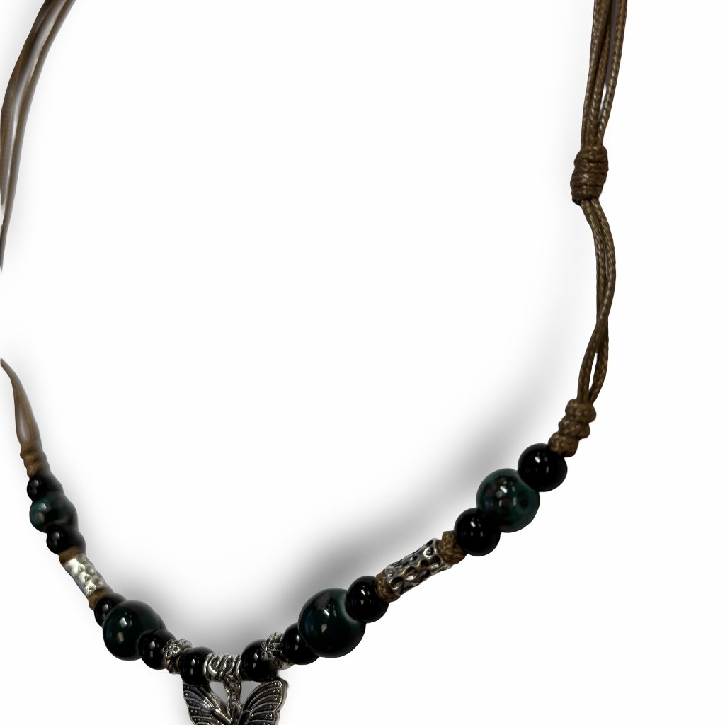 Vintage Dark Green Bead Silver Butterfly Blessing Energy Necklace